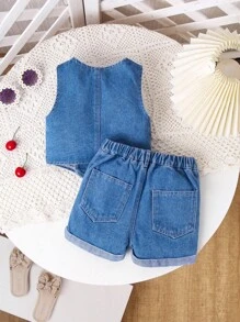 SHEIN 1 套女婴水洗蓝色休闲修身可爱樱桃刺绣牛仔背心和时尚樱桃刺绣牛仔短裤，2 件套服装，简约时尚百搭日常穿着 - 中等水洗藍 - 查看 2