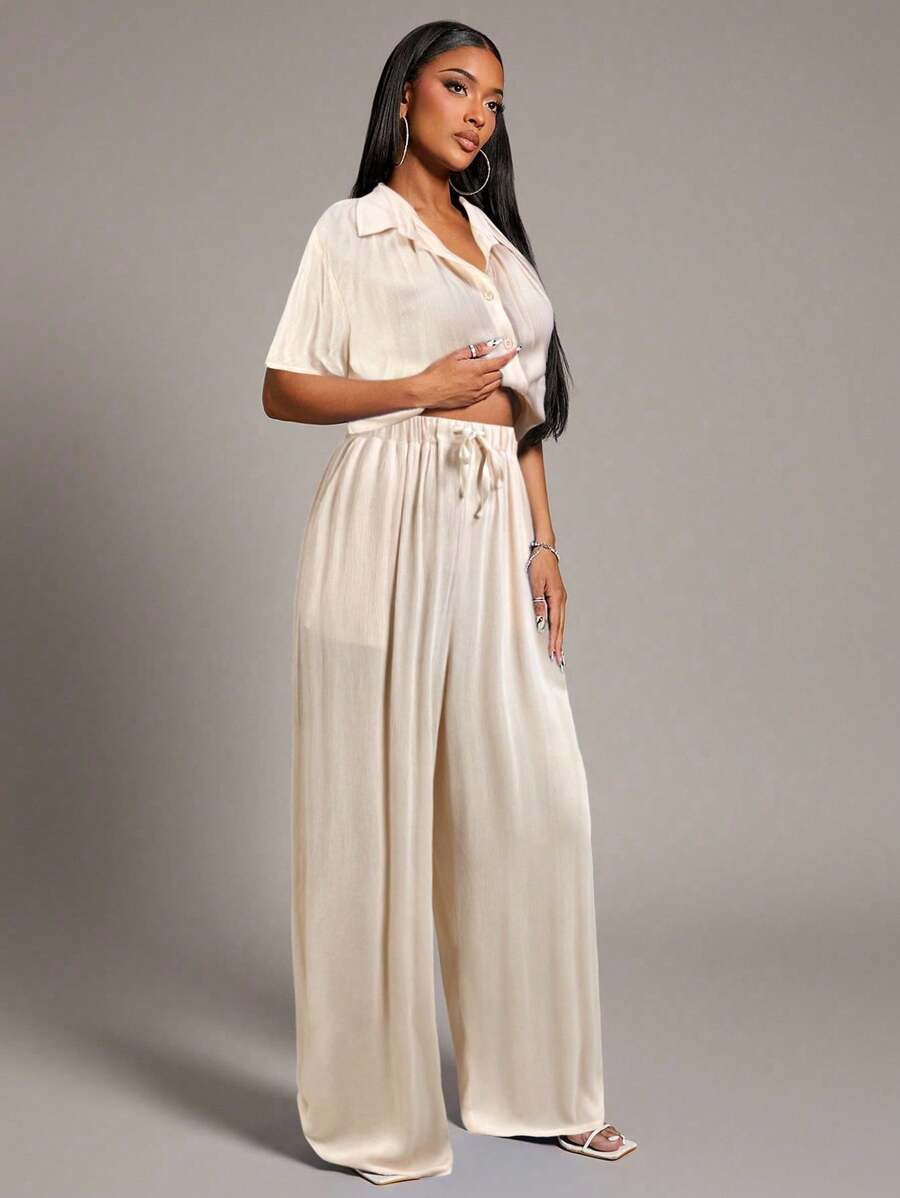 Radiana 女士舒适休闲蓝色宽松两件套：短款衬衫 + 喇叭阔腿裤，适合海岛度假、沙滩装、家居服、聚会、日常穿着 - 杏色 - 查看 1