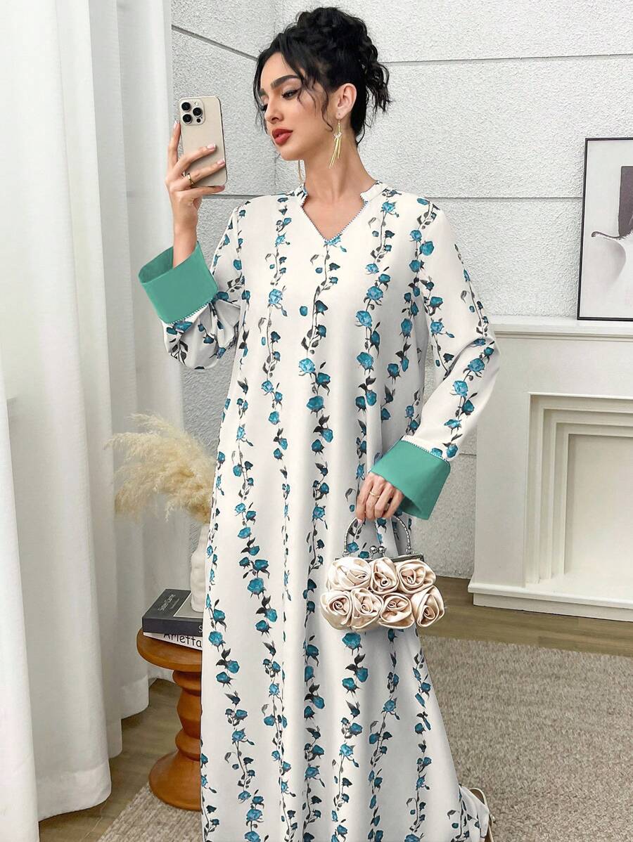 Yasmyna 女式花卉印花 V 领长袖阿拉伯风格长裙 - 藍色 - 查看 1