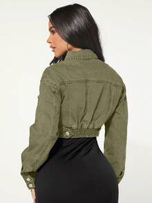 SHEIN SXY Women's Long Sleeve Single Button Casual Loose Short Denim Jacket - Olive Green - View 2