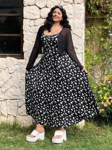 大码两件套：碎花腰部修身喇叭裙 + 透视夹克，春夏 - 黑與白 - 查看 6