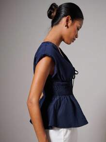 COSMINA Women Elegant V-Neck Ruffle Hem Tie-Front Camisole Top V-Neck Peplum Top,Four Seasons,Teacher Outfits For Women,Business Casual Woman,Going Out Tops - Navy Blue - View 6