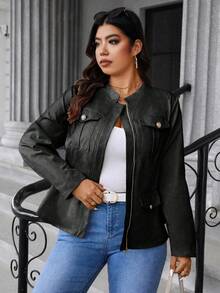 Elenzga 大码女式纯色长袖实用口袋拉链休闲夹克 - 黑色 - 查看 6