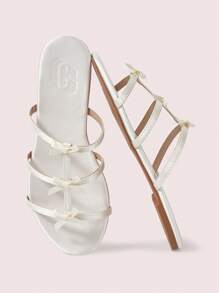 CUCCOO DOLLMOD Women's Satin Bow Detail French Romantic Summer Date Vacation Round Toe Flat Sandals, White - White - View 2