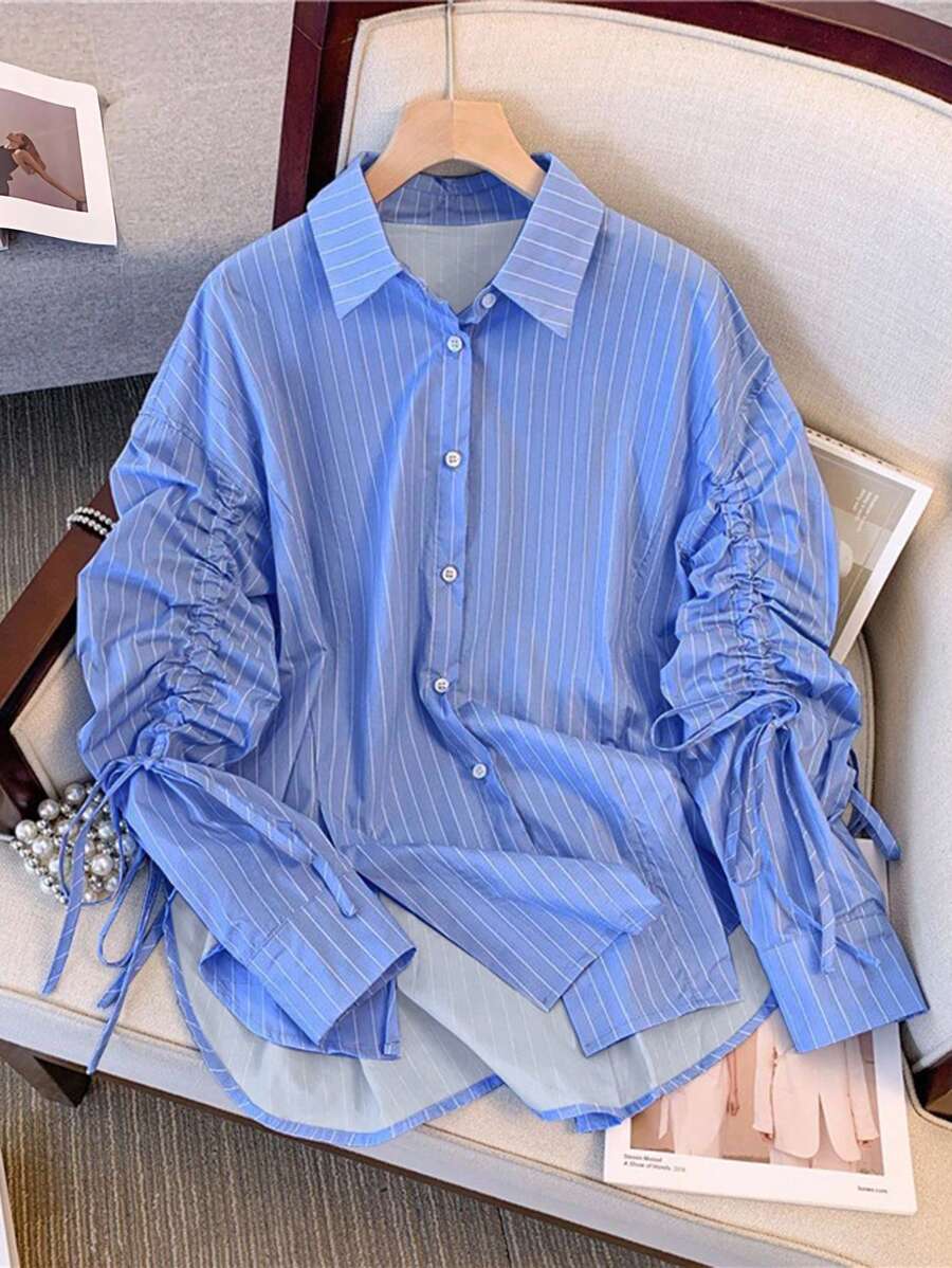 SHEIN LUNE Women's Vertical Stripe Long Sleeve Pleat Single-Breasted Casual Shirt, Summer Fall Cloth For Women - Blue - View 1