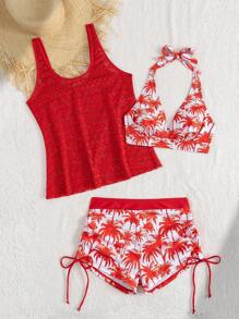 Swim Lushoire Set de 3 piese pentru vacanță la plajă: slip de baie cu imprimeu de cocos în V adânc, kimono transparent croșetat și top de bikini triunghiular, stil matur - roșu - Vizualizare 7