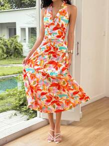Ria Solene Women's Floral Print Ruffle Halter Neck Vacation Midi Dress Summer Dress - Multicolor - View 5