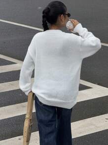 Muchica Casaco de Malha Casual Solto de Ombros Caídos com Cor Sólida, Outono