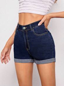 SHEIN ICON 女士纯色简约休闲牛仔短裤 - 深色水洗藍 - 查看 3