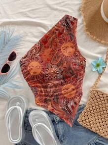 Soleia Blusa de hombro con bajo asimétrico con estampado de paisley en forma de sol vintage, apropiada para el estilo de vacaciones de verano