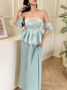 Modelyn 女士植物印花荷叶边露肩泡泡袖上衣和中长裙优雅两件套 - 薄荷綠 - 查看 3