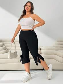 Solflare Pantalones casuales de talla grande para mujer con lazo y abertura lateral de 3/4, para primavera y verano, Día de San Valentín - Negro - Ver 6