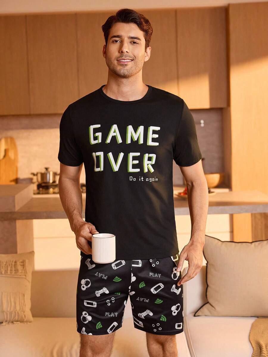 男士标语图案睡衣套装/睡衣套装 - 黑色 - 查看 1