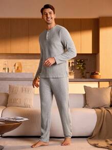 Men Half Button Ribbed Knit Tee & Trousers PJ Set - Grey - View 3