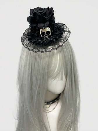 Grunge Punk 1 pezzo Mini cappello a cilindro in stile goth punk metal con decorazione di teschio e rose romantiche in pizzo, accessorio per capelli adatto per appuntamenti/feste, può essere usato anche come cappello per bambole