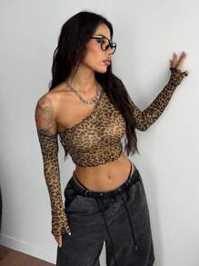 Coolane Y2K Music Festival Leopard Stretchy Breathable Mesh Asymmetrical Neck Crop Tops