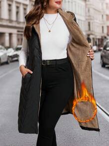 SHEIN Clasi 女士加大码棉质羽绒背心，优雅长款无袖羽绒背心，带口袋，保暖连帽棉质羽绒背心，适合秋冬季节穿着。 - 黑色 - 查看 3