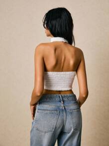 Poéselle 白色吊带背心，翻领上衣，垂领上衣，毛绒针织露脐吊带短款上衣，颈圈领口 | 柔软绒毛无袖背心，毛绒露脐上衣，白色吊带背心，绒毛针织上衣，冬季外出上衣，柔软针织背心，休闲简约纯色性感吊带上衣，适合日常穿着、外出、通勤、约会、婚礼、派对、度假等各种场合，秋季女装 - 白色 - 查看 8