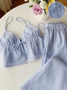 Comfortcana 女士两件套编织条纹休闲度假套装，春夏款 - 藍白色 - 查看 4
