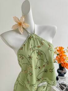 Sweetra 女士新款系带露背上衣和绿色迷你 A 字裙套装，适合海滩度假，春夏季 - 綠色 - 查看 5