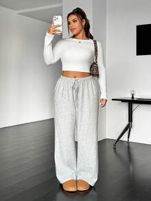 SHEIN EZwear Plus Size Casual Drawstring Waist Loose Straight Leg Knit Pants - Light Grey - View 3
