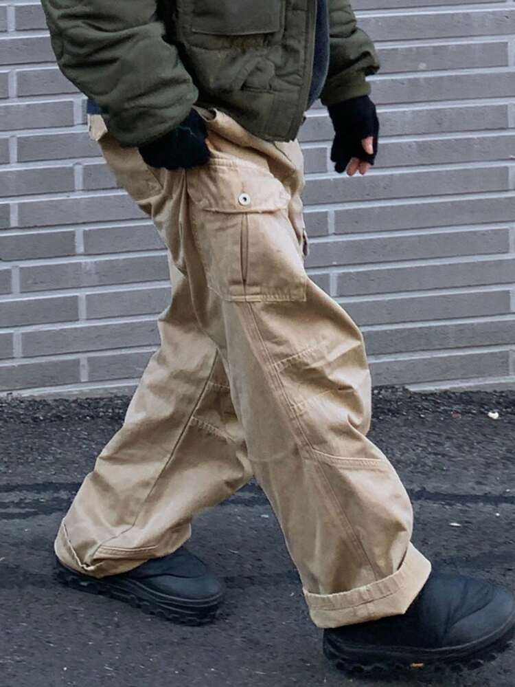 Plain Color Khaki Washed Men's Pants, Autumn Men Joggers