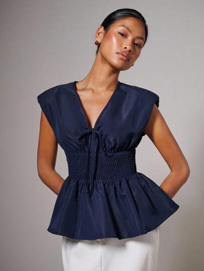COSMINA Áo tank top nữ thanh lịch cổ chữ V, viền bèo nhún, thắt nơ phía trước, kiểu peplum, phù hợp bốn mùa, dành cho giáo viên, phụ nữ công sở, áo mặc đi chơi.