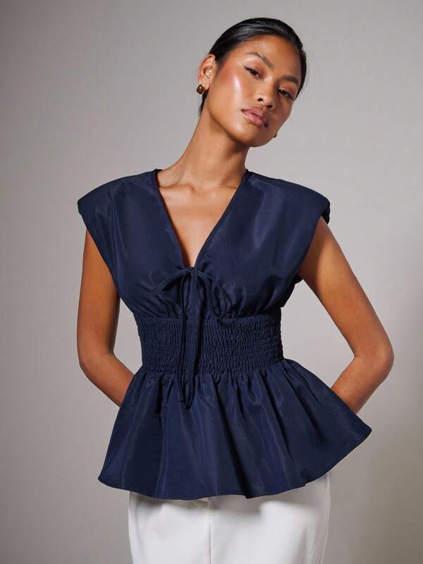 COSMINA 女士优雅 V 领荷叶边下摆系带吊带背心上衣 V 领荷叶边上衣、四季、女士教师装、商务休闲女装、外出上衣