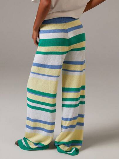 Athîral Women's Contrast Color Striped Print Drawstring Waist Casual Knitted Pants In Fall/Winter