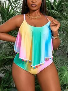 Slaydiva Plus Size Fashion Tie-Dye Colorful Pom-Pom Decor Tankini Two Pieces Swimsuit For Summer Beach Vacation