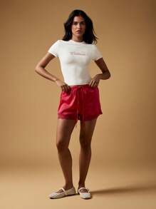 MISSGUIDED Luxurious Satin Sleep Lounge Shorts With Delicate Lace Trim Elastic Waist Drawstring Nightwear Pajama Summer Boudoir Loungewear - Red - View 4