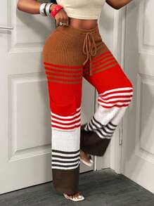 BamGleam Casual Fashionable Pockets & Drawstring Design Women Sweater Pants Striped Design - Orange - View 5