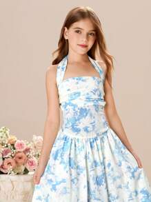 Tween Girls' Floral Pattern Elegant Holiday Halter Dress - Baby Blue - View 4