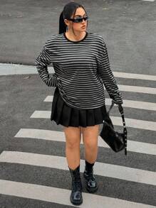 Muchica Plus Size Casual Drop Shoulder Loose Striped T-Shirt For Spring/Autumn,Fall Clothes For Women