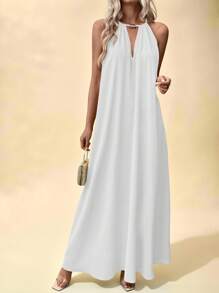 Breezaya Đầm yếm trơn màu cho nữ kèm chân váy bồng bềnh đi nghỉ dưỡng & đi biển - trắng - Xem 3