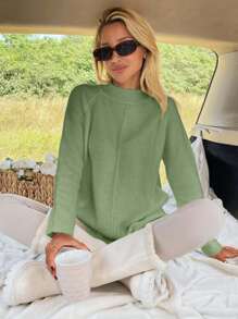 EURMUSE 女士纯色立领插肩袖毛衣 - 薄荷綠 - 查看 6