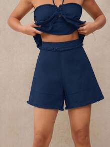 WESTFADE 100% 纯棉西部波西米亚风流苏磨边高腰休闲 A 字短裤休闲、可爱、秋季、冬季、乡村音乐会 - 藍色 - 查看 3