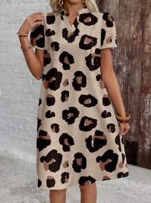 EMERY ROSE Women's Leopard Print Short Sleeve Summer Casual Vacation Dress,Gifts For Mother,Summer Holiday,Vacation Outfits Women Suitable For Going Out Chic Dress