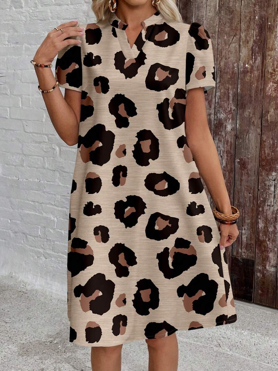 EMERY ROSE Women's Leopard Print Short Sleeve Summer Casual Vacation Dress,Gifts For Mother,Summer Holiday,Vacation Outfits Women Suitable For Going Out Chic Dress