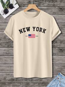 Manfinity Homme Áo thun nam cổ tròn tay ngắn in hình lá cờ Hoa Kỳ, đa năng cho mùa hè - Màu Khaki - Xem 2
