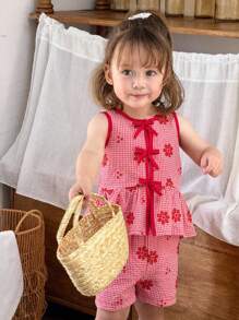 SHEIN 2 件套女婴幼儿 0-3 岁夏季休闲度假格子雏菊刺绣无袖上衣 + 短裤套装，红色 - 紅色 - 查看 3