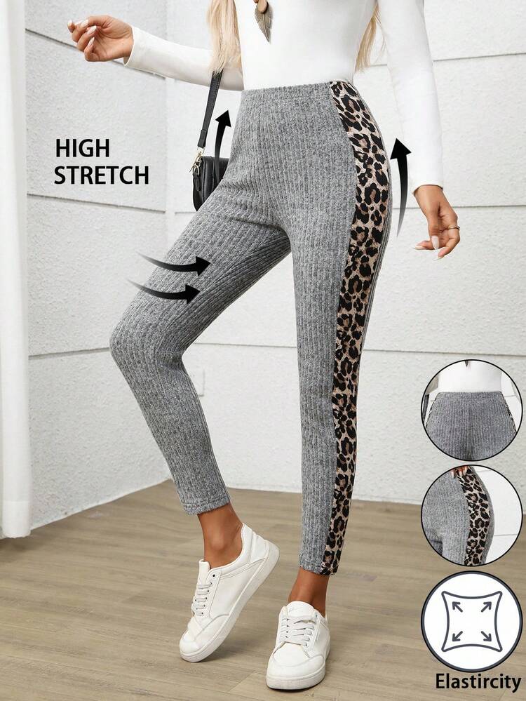 Women Elastic Waist Patchwork Leopard Animal Print Ribbed Leggings Women Pants Casual Stretchy Pants Ribbed Pants Leggings For Women Fall Clothes For Women Leopard Print Pants Women
