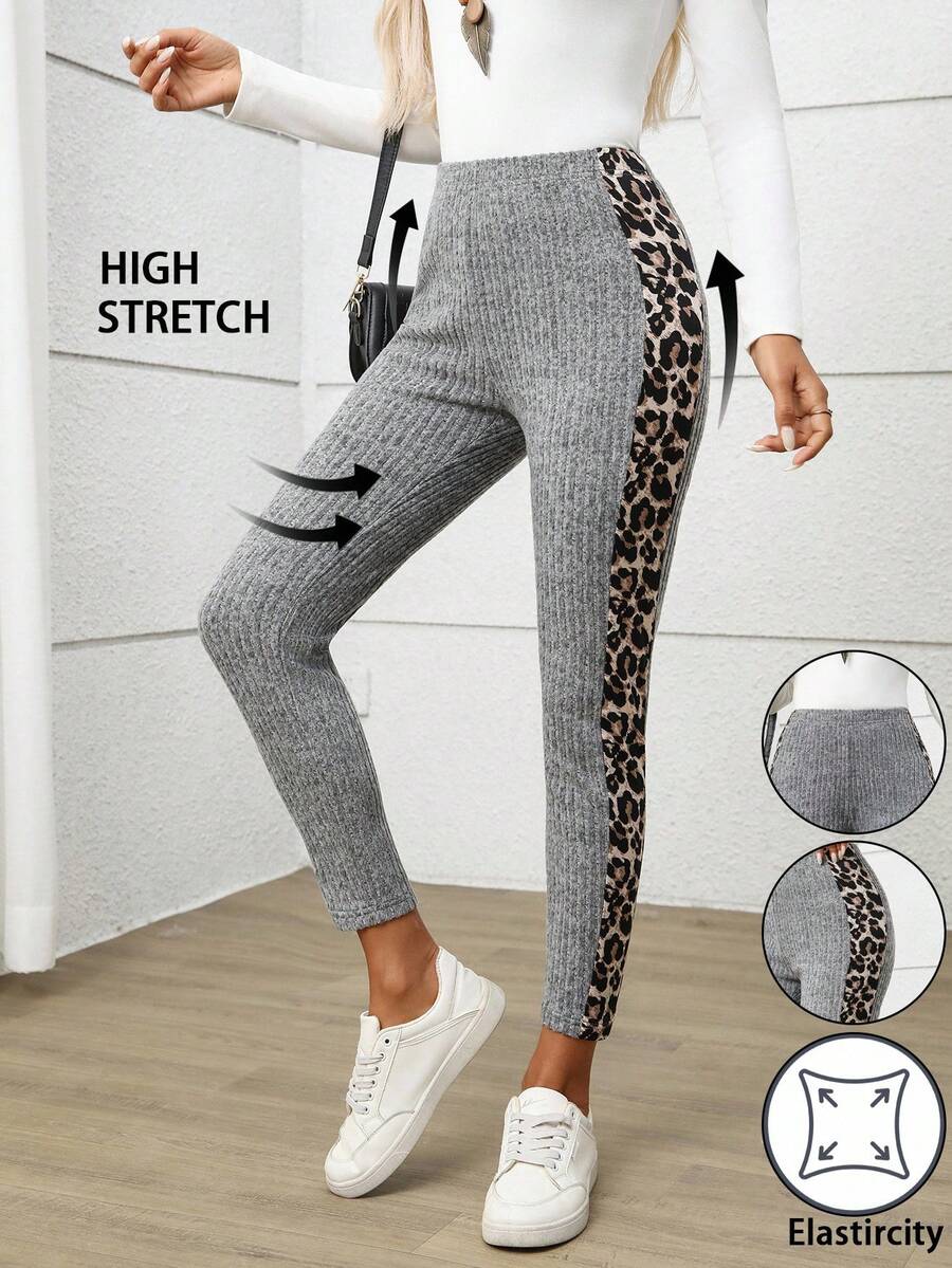 EMERY ROSE Quần legging họa tiết da báo, họa tiết động vật, cạp chun co giãn, quần legging nữ, quần co giãn thường ngày, quần legging có gân, quần áo mùa thu cho nữ, quần họa tiết da báo cho nữ - Xám - Xem 1