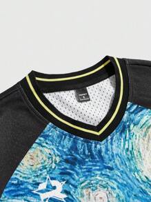 ROMWE MEN Prep Men's Summer Oil Painting Character Printed Raglan Short Sleeve V-Neck Casual T-Shirt - Multicolor - View 3