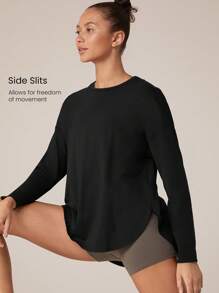 GLOWMODE Pima Cotton Oversized Long Sleeve Curved Slit Hem Round Neck Tee Daily Casual - Black - View 3