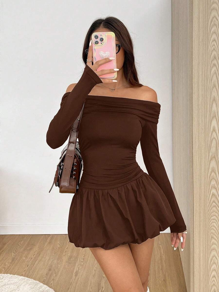 SHEIN EZwear 女士咖啡棕色单肩长袖荷叶边下摆迷你连衣裙 - 咖啡棕 - 查看 1