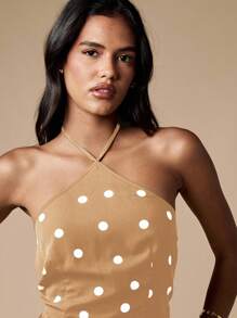 MISSGUIDED Atasan Crop Top Halter Neck Polka Dot Retro untuk Musim Panas, Festival, Tanpa Punggung, Ikat Pinggang, Potongan Busana Modis Gaya Y2K, Pakaian Pesta Serbaguna - Mocha Brown - View 6