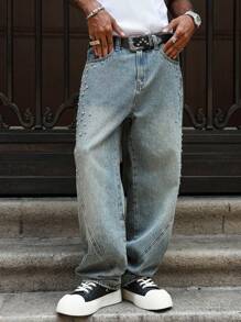 PAVTROS Jeans de pierna ancha y larga con lavado medio para hombres con detalles decorados para un estilo casual, jeans con rhinestones - Azul lavado medio - Ver 4