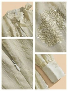 Anewsta Elegant Embroidered Beaded Dress With Waist Cinching And Flared Skirt - Green - View 8