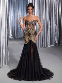 Glamrae 优雅奢华浪漫3D花卉亮片蕾丝抹胸修身美人鱼风格多层网眼垂坠新娘婚纱 - 黑色 - 查看 4